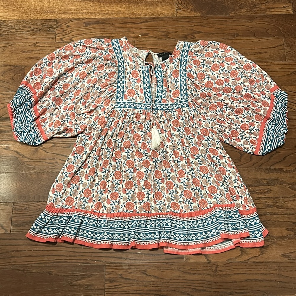 RACHEL ZOE - bohemian puff sleeves blouse shirt mix media novelty size small